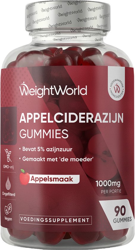 Fles WeightWorld appelazijn gummies met appelmotief. Bevat 90 gummies, 1000mg per portie.
