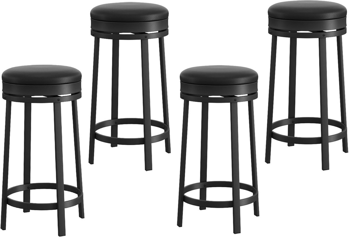 Set van 4 barkrukken met 360° draaifunctie, 61 cm hoog, met voetensteun, zonder rugleuning, rond, bekleed met PU-leer en voorzien van een metalen frame, geschikt voor keukeneiland, eetkamer of thuisbar, zwart.