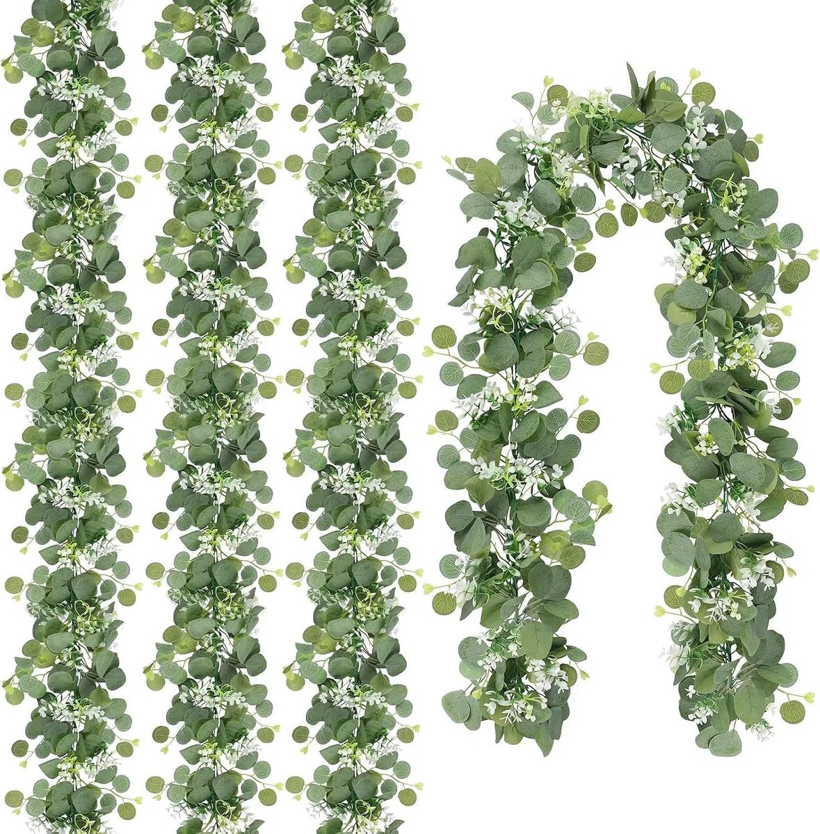 SnelShoppen - Eucalyptus Slinger met Witte Bloemen, 15,5m, Kunstbloemen Krans, Groene Wijnstokken, Decoratie voor Bruiloft, Thuis, Tafel, Binnen en Bu