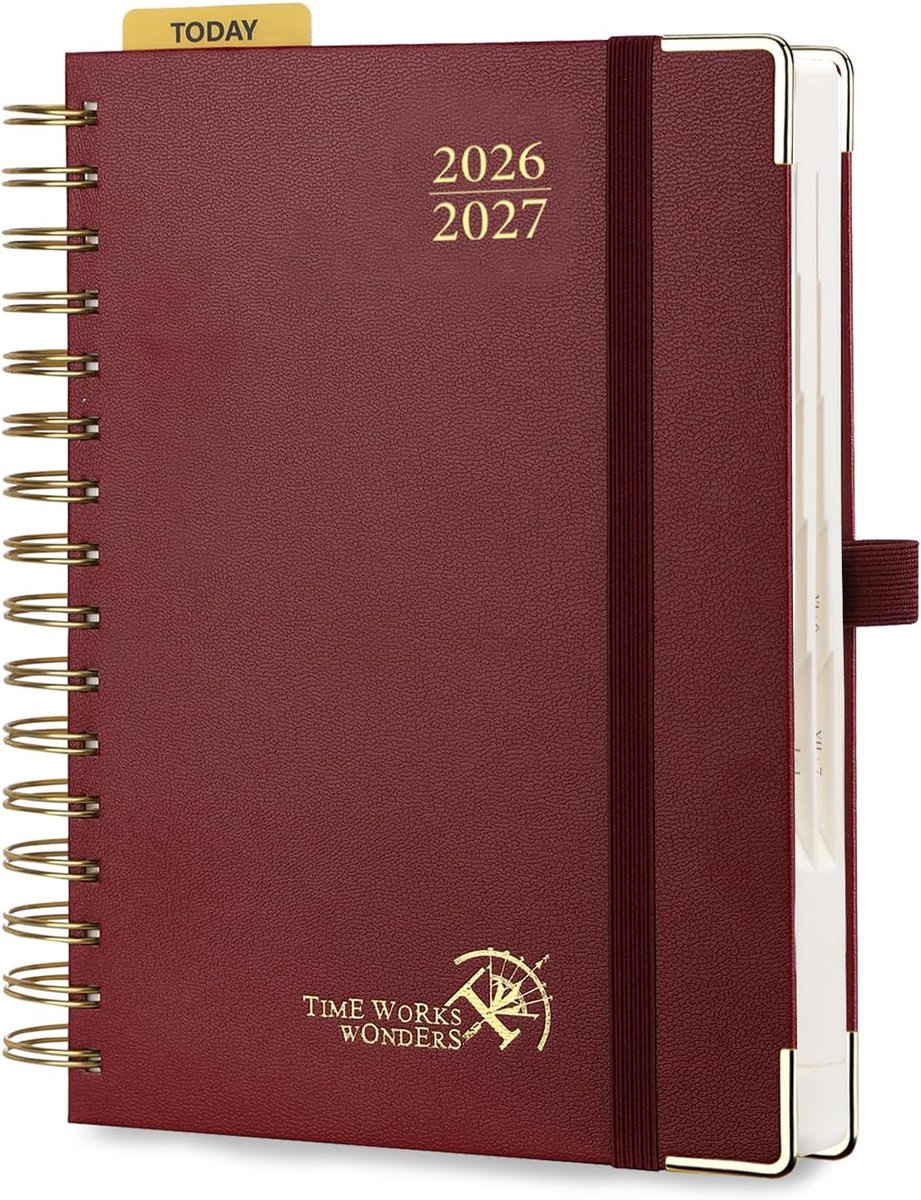 SnelShoppen - Agenda 2026 2027 Dagplanner A5 21,5 x 14,5 cm, 1 Pagina per Dag, School Planner, Harde Kaft, Bourgondisch Rood, 12 Maanden, Papier 80 GS