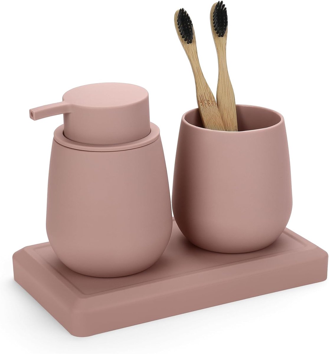 SnelShoppen - Badkamer Accessoiresset 3-delig - Moderne Zeepdispenser, Tandenborstelhouder & Organizer Tray - Duurzaam ABS-plastic - Roze - Perfect vo