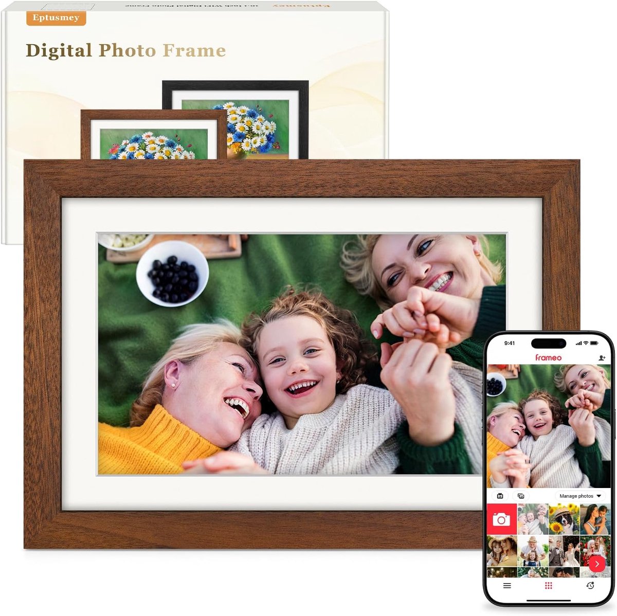 SnelShoppen - Digitale Fotolijst WiFi 10,1 Inch Walnotenhout 32GB 1280 x 800 IPS LCD Aanraakscherm, Foto/Video Delen via Frameo App/USB/SD, Automatisc