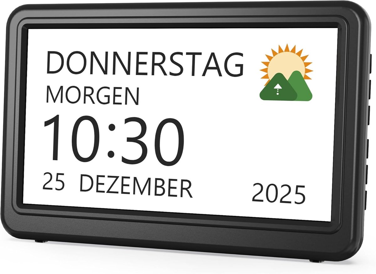SnelShoppen - Digitale Kalender Klok met 20 Herinneringen, 20 Wekkers, 12 Thema's, 10 Niveaus Dimmer, 7 Inch Zwart, Ideaal voor Senioren en Dementie