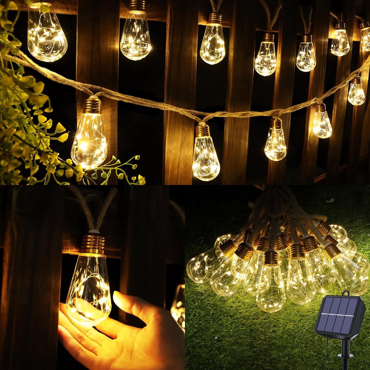 SnelShoppen - Lichtsnoer op Zonne-energie voor Buiten met 16 Gloeilampen, 6,4 m Warm Wit Vintage Lichtketting, Weerbestendig Henneptouw voor Tuin, Fee