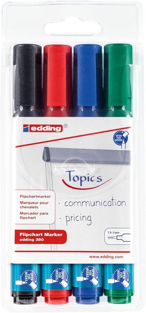 Thijox - Flipchart Marker Set van 4 - Zwart, Rood, Blauw, Groen - Ronde Punt 1,5-3 mm - Stiften voor Schrijven, Tekenen en Markeren op Flip-over Papie