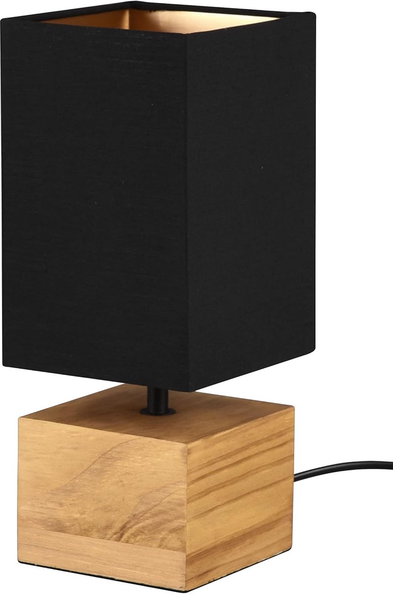 SnelShoppen - Tafellamp Woody R50171080, Zwart Mat Metaal, Houten Voet, Witte Lampenkap, E27 Fitting, Ideaal voor Woonkamer, Slaapkamer en Kantoor
