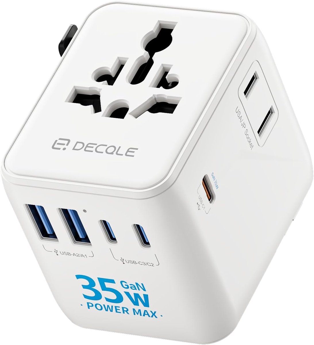 SnelShoppen - Universele Reisadapter Wereldwijd met 2 USB-C (GaN 35W), 2 USB-A, 2 AC-stopcontacten, Internationaal voor VS, UK, EU, AU, 224+ Landen -