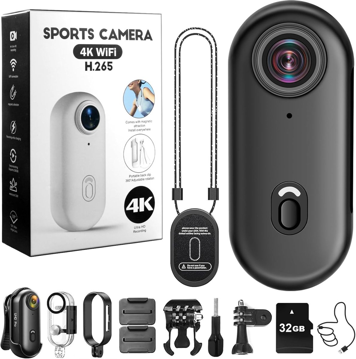 SnelShoppen - Actiecamera 4K Wifi, 170° HD Mini Sportcamera, Waterdichte Helmcamera met Magneet en 360°-Clip voor Fiets- en Motor Activiteiten, 32G