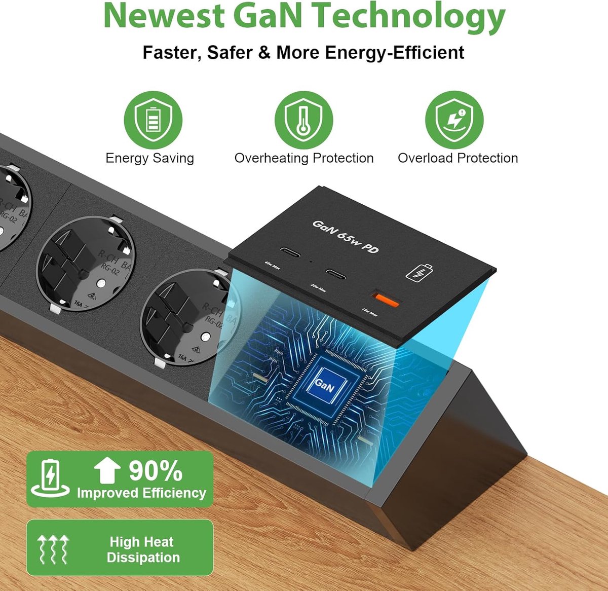 SnelShoppen - Tafelstopcontact met 2 USB C GaN PD 65W, 3-voudige stekkerdoos, Aluminium, 3m Kabel, Klembaar voor Bureau, Werkblad, Meubels, Thuis en K