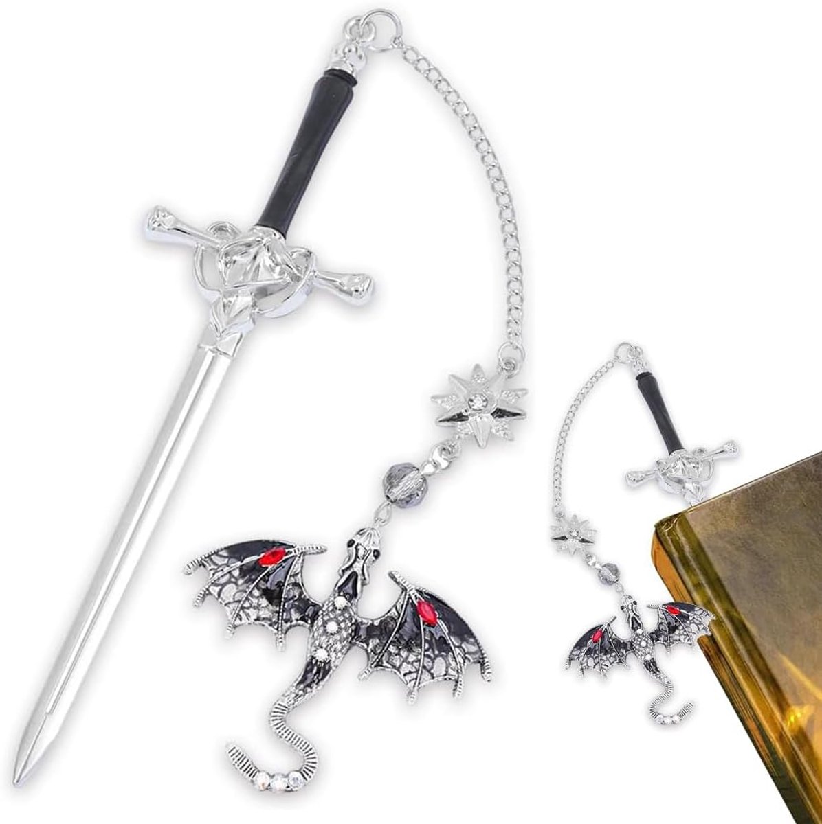 Thijox - Zwaard Boekenlegger van Metaal met Kristallen Hanger - Vintage Stijl - Zilvergrijs - Bladwijzer voor Boeken - Perfect Cadeau voor Verjaardag,