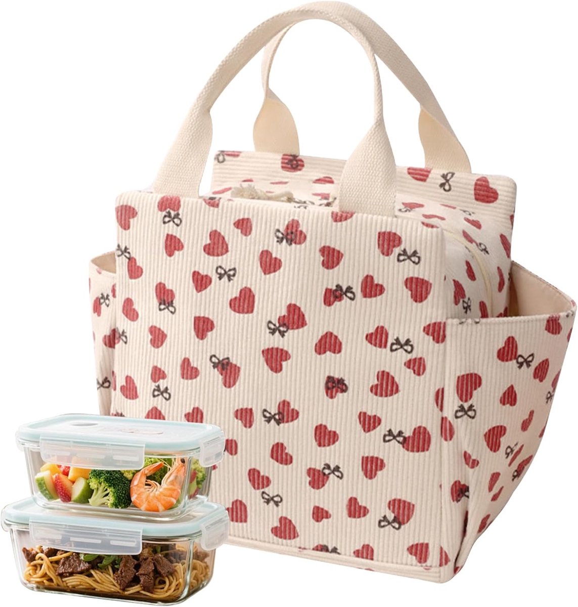 Thijox - Thermische lunchtas voor dames en kinderen - 12L grote capaciteit - beige koeltas met hartdruk - herbruikbaar, waterdicht, ideaal voor school