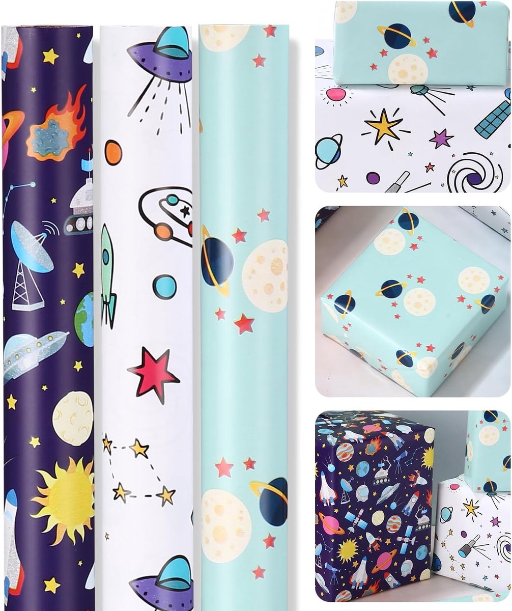 SnelShoppen - 3 Rollen Cadeaupapier Verjaardag Kinderen, Ruimte Inpakpapier 43 x 300 cm voor Jongen en Meisje, Perfect voor Ruimtefeestjes en Pasen