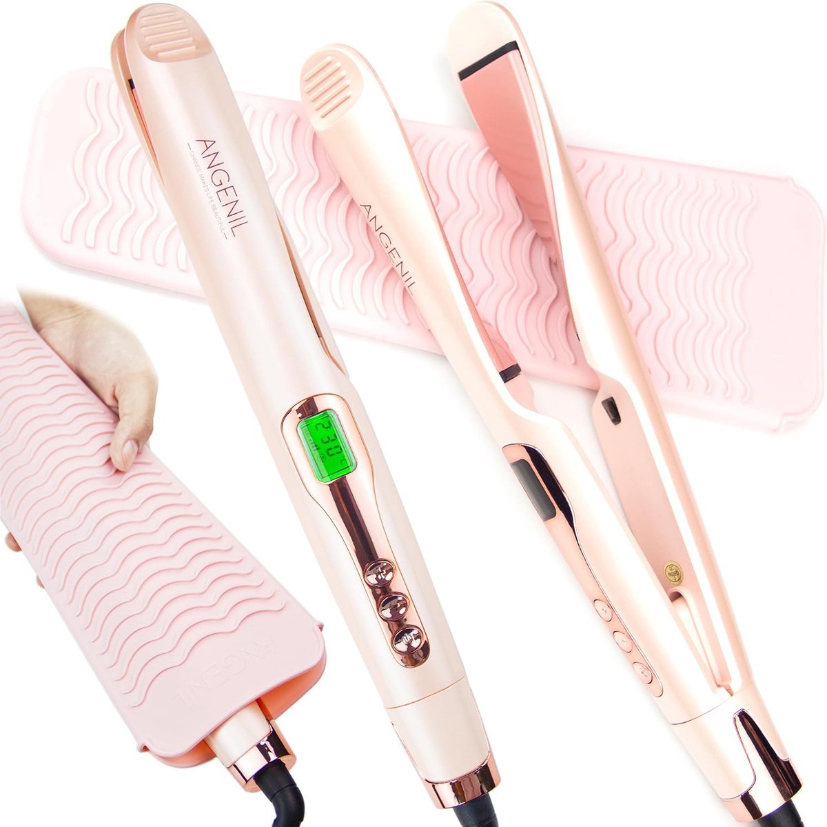 SnelShoppen - ANGENIL Pro 2-in-1 Stijltang en Krultang - Keramische Stylingtool voor Gladmaken, Krullen en Golven - Roze, Dubbele Spanning met Hittebe