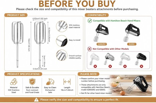 Thijox - 2 Stuks Roestvrijstalen Handmixer Kloppers Vervangend Onderdeel voor Handmixers 62682RZ 62692 62695V 64699 - 19 cm Turbo Kloppers voor Keuken — afbeelding 2