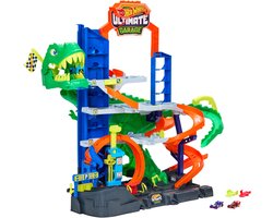 Hot Wheels City Ultieme T-Rex Garage - met 2 speelgoedauto's en opbergruimte voor meer dan 50 auto's