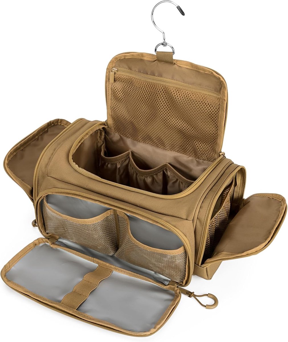 Thijox - Tactische Toilettas voor Mannen, Hangende Hygiënetas, Reis Dopp Kit Organisator voor Scheren, Douche Essentials, Toilettas Khaki, Perfect voo
