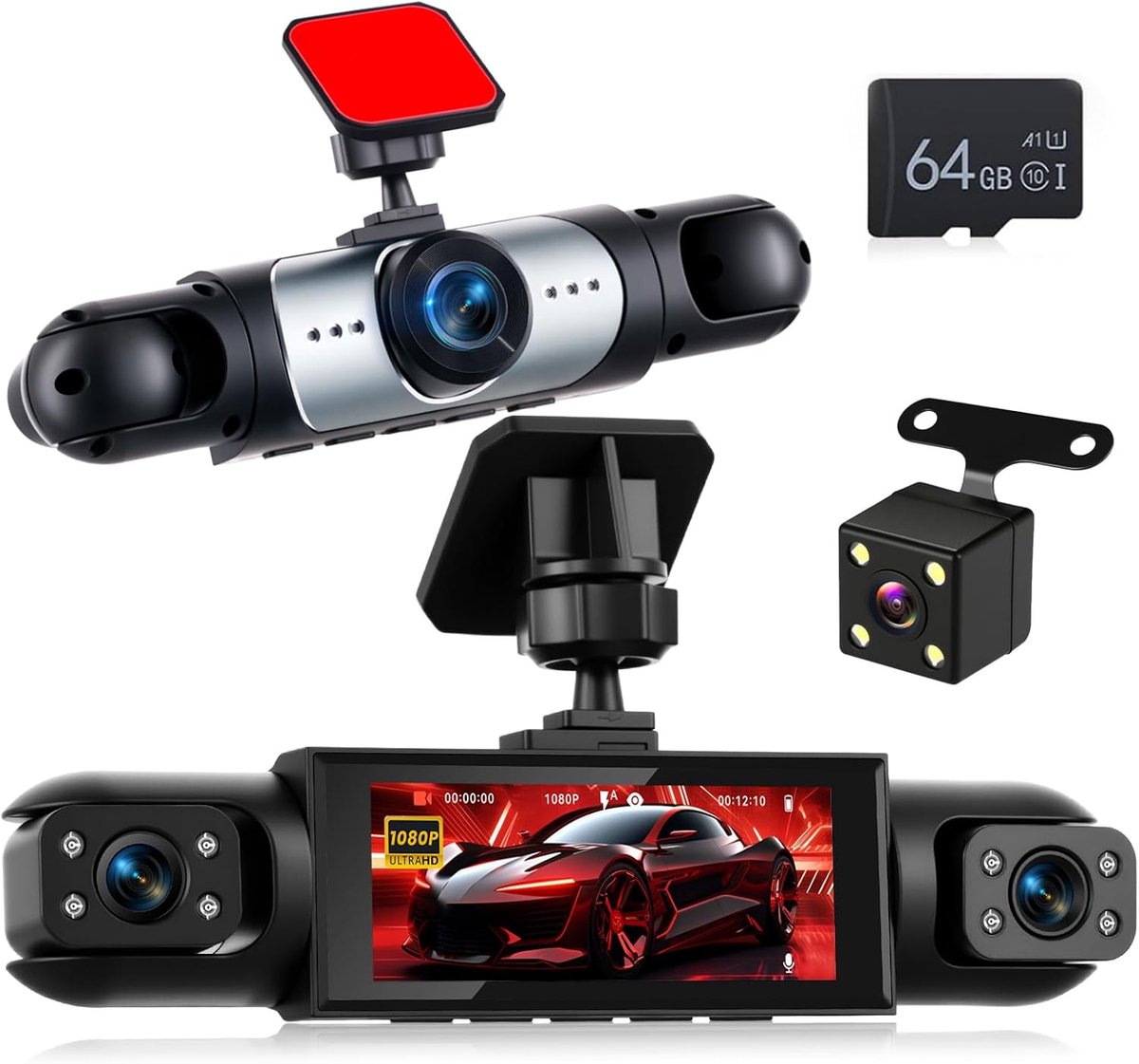 SnelShoppen - 4-kanaals dashcam 1080P met 360°-afdekking, groothoek, 3,16 inch display, IR-nachtzicht, loop-opname, bewegingsdetectie, camera voor, li
