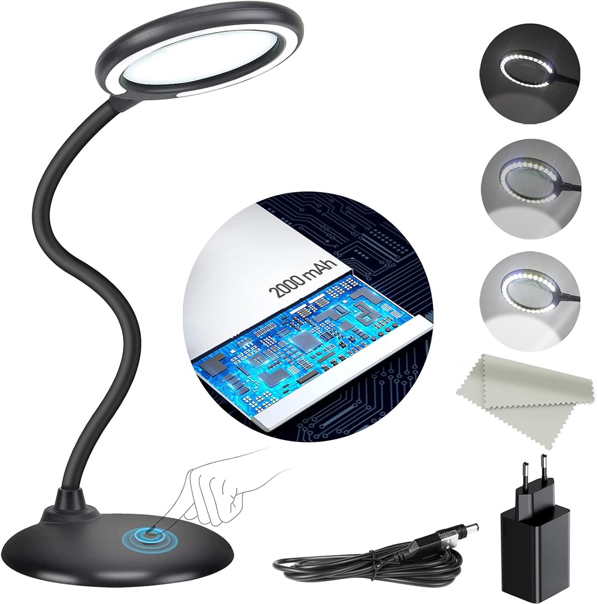 Thijox - Oplaadbare 5-voudige vergrotingsbureaulamp met dimbaar vergrootglas, handtouch LED-lamp, zwart, ideaal voor lezen, hobby's, naaien, breien en