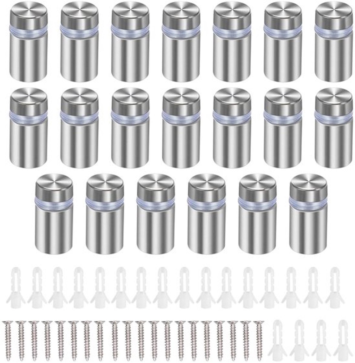 20 stuks 12 × 25 mm reclameschroeven van roestvrij staal, staande glasbevestigingen, afstandsschroeven, standoff glas, reclame, met schroeven, voor reclamebevestigingen, zilver