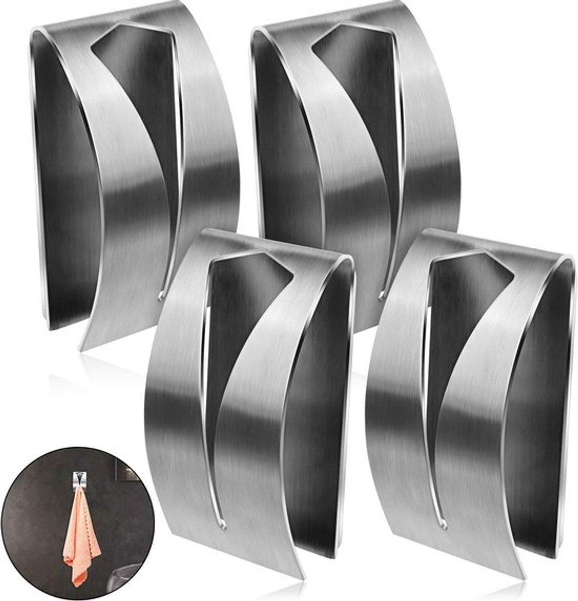 4-Delige RVS Handdoekhaakjes Set - Zelfklevend Zonder Boren - Handdoekhouder en Theedoek Klem - voor Badkamer en Keuken - Zilver