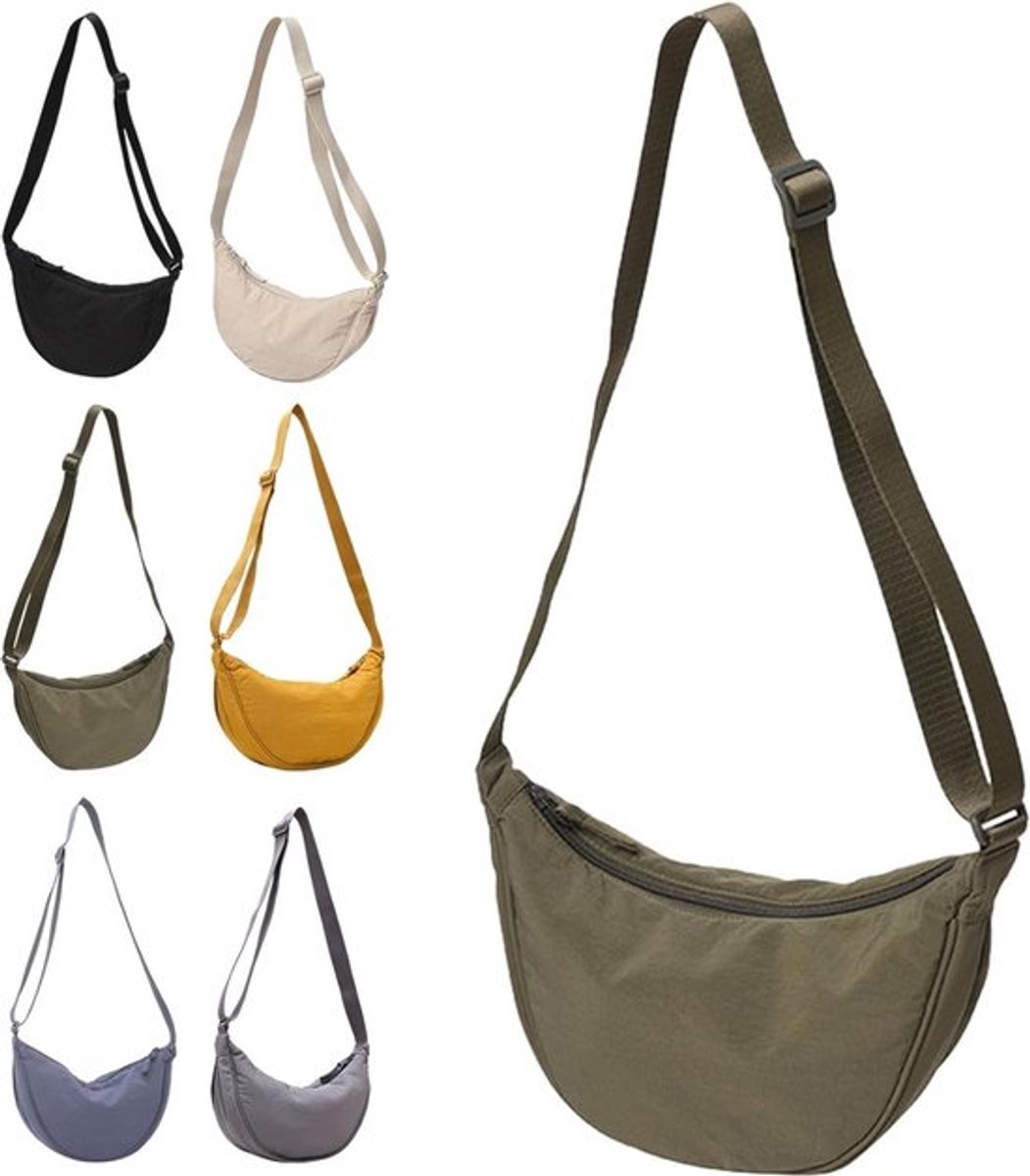 Crossbody tas voor dames, - olijfgroen - groen - halvemaan-crossbodytas, nylon, schoudertas, buiktas, stijlvolle halvemaan-crossbodytas, schoudertas dames, kleine brede riem