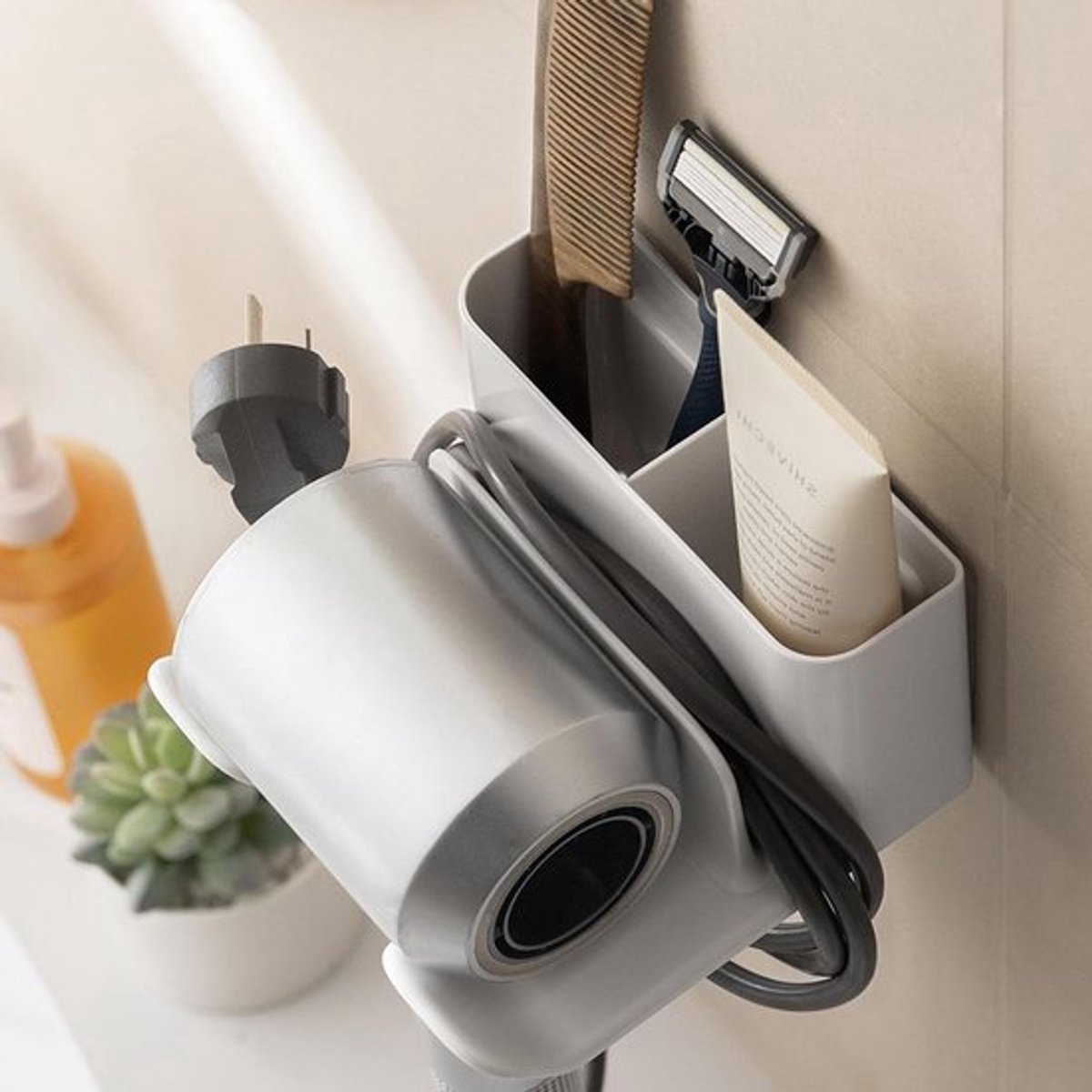 Premium - Haardrogerhouder voor aan de muur met kabelhouder en opbergvak - Zonder boren - Geschikt voor de meeste haardrogers