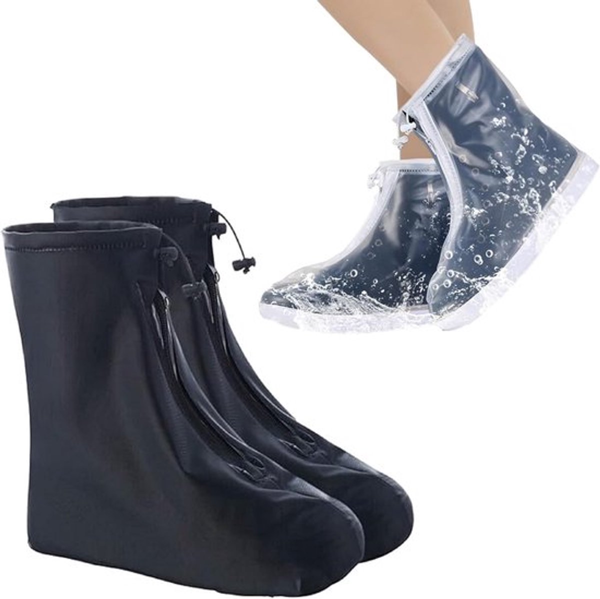 Overschoenen Waterdicht – Overschoenen tegen Regen – Met Ritssluiting & Trekkoord – Anti-Slip – voor Fiets Scooter Motor Schoenovertrek met Ritssluiting - Zwart/Wit – Maat 37/38