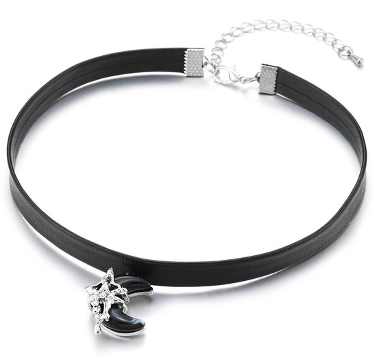 Gothic Half-Moon Ster Choker voor Dames, Leren Band, Zwart, Verstelbaar