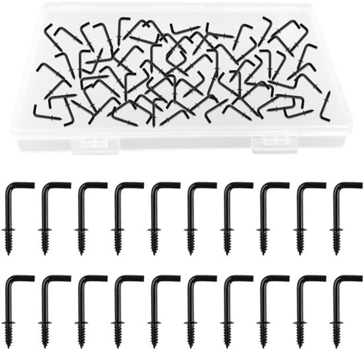 Schroefhaken, 100 stuks 5/8 inch L-vormige haken Schroef-in wandhaken Haak met rechte hoek Zelftappende schroefhaken voor binnen en buiten ophangen (Zwart)
