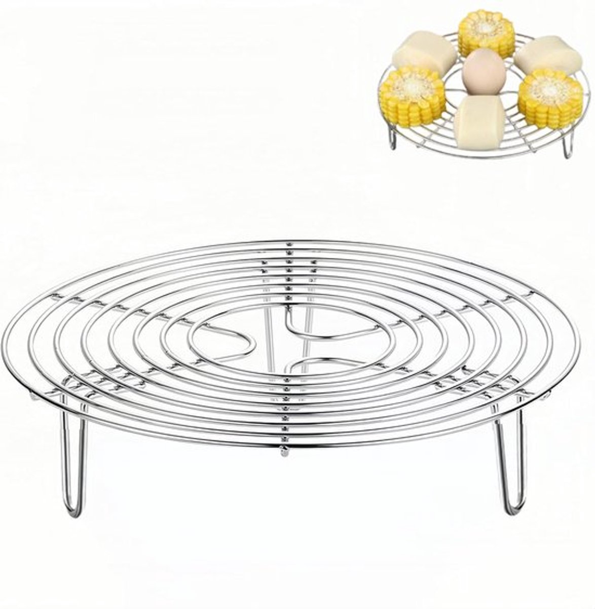 1 stuk - Rond stoomrek - Stoomrek van roestvrij staal - Stalen onderzetter - Keukenkoelrek - Draadstoomrekstandaard - Voedselstoomrek - Bakrek voor de airfryer - Stoomrek voor pannen - Geschikt voor grillen, koken en stomen (zilver)