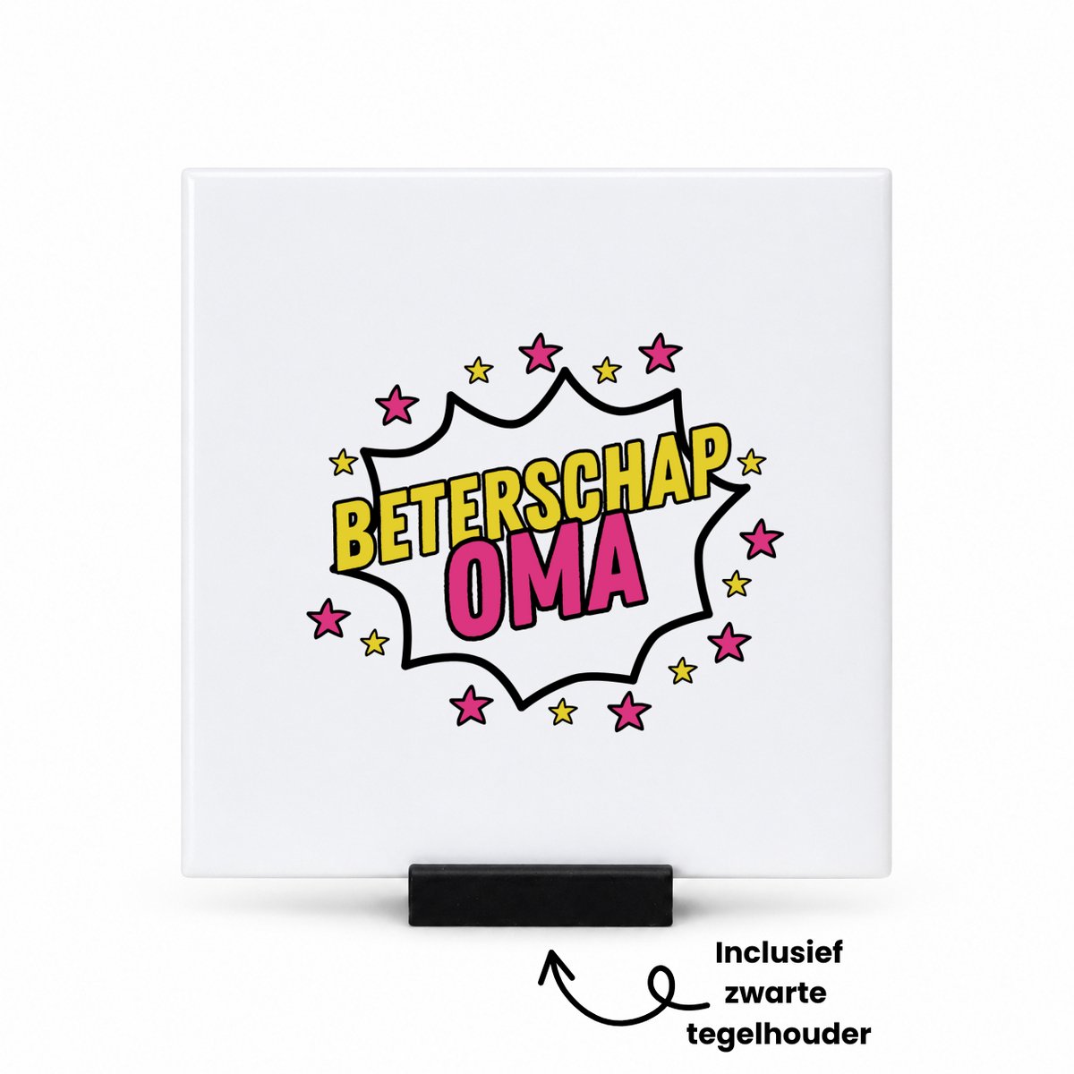 Hacebo Beterschap oma tegeltje met tegelhouder - een oma die ziek is of iets gebroken heeft - tegeltjes met tekst - cadeau voor zieke oma - ziek - koorts - snel beter worden - cadeau - beterschap cadeau - kado - spreuktegels - 10.8x10.8 CM Wit