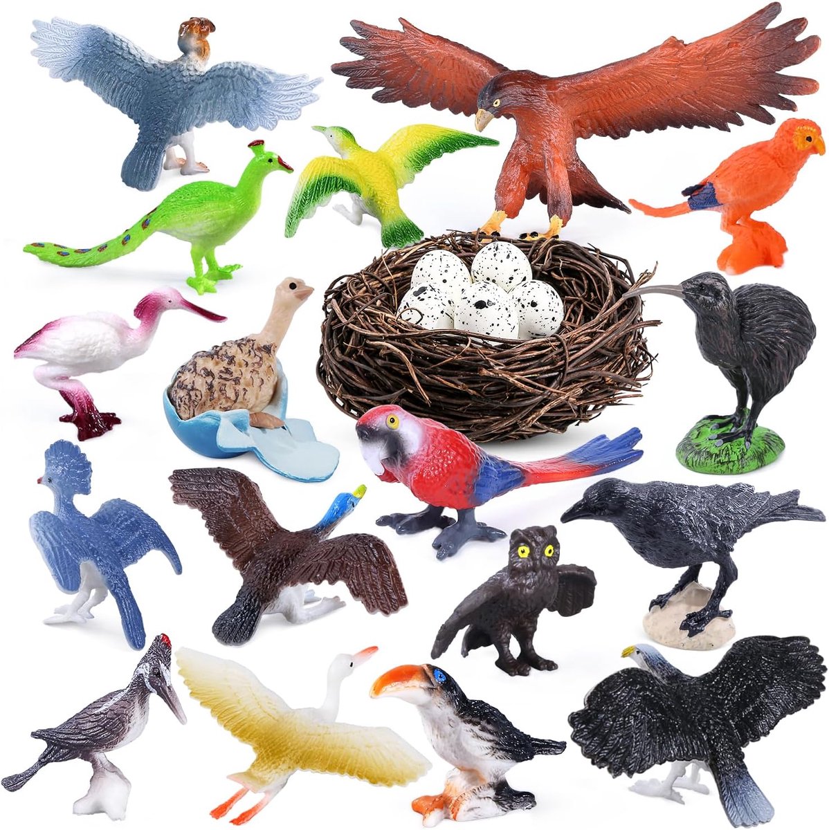 SnelShoppen - Set van 23 Realistische Vogel Figuren met Nest, Educatief Speelgoed voor Kinderen, Perfect als Verjaardagstaart Topper, Wildlife Diorama