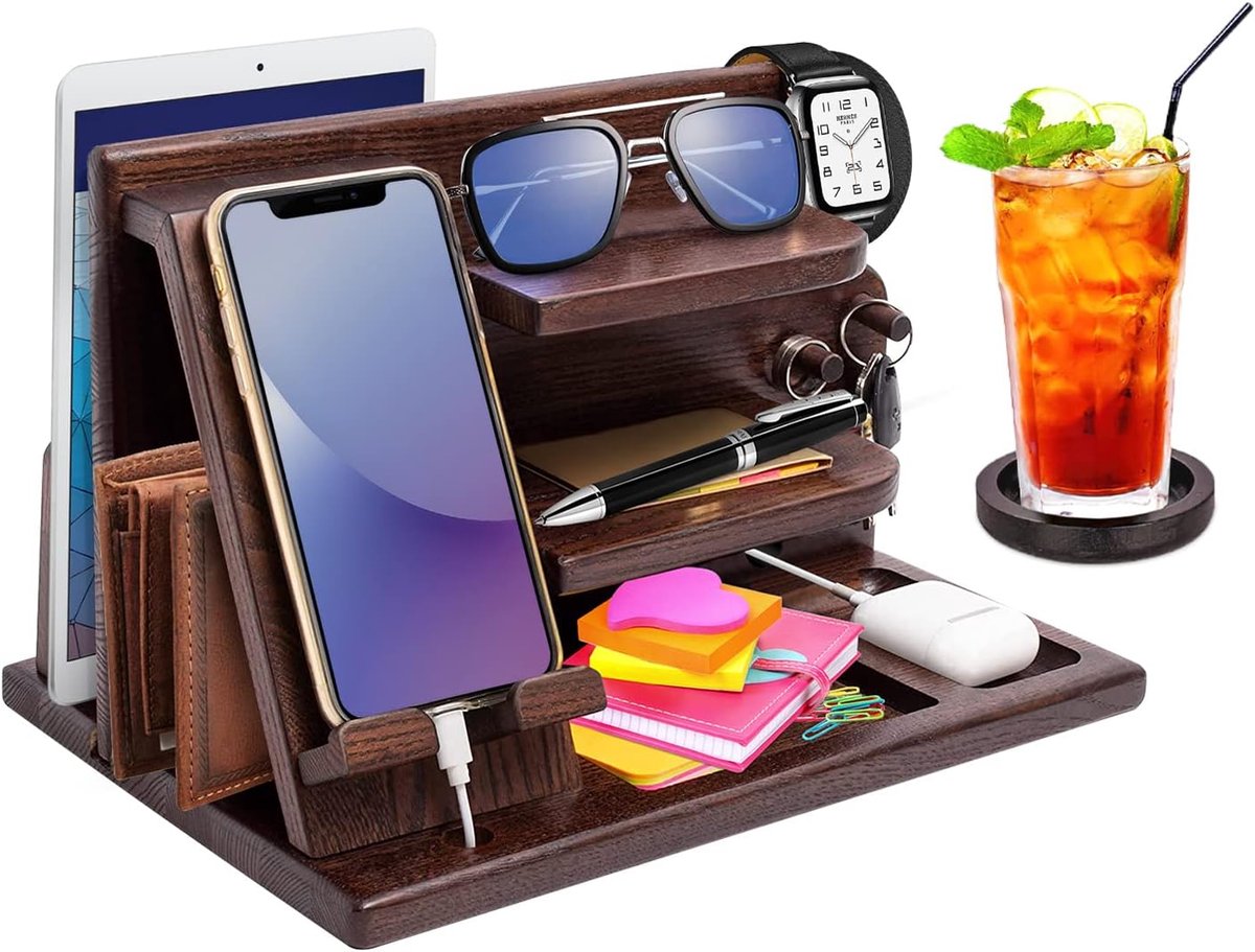 SnelShoppen - Houten Docking Station voor Mobiele Telefoon - Bedside Organizer voor Mannen - Cadeau voor Vader, Echtgenoot, Opa - Perfect voor Verjaar