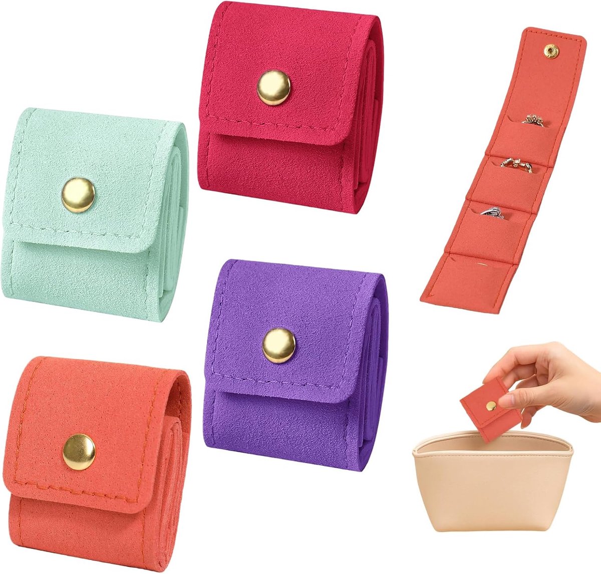 SnelShoppen - 4 Stuks Kleine Sieraden Tassen met Drukknop - Reistassen voor Sieraden - Mini Vouwbare Sieraden Organizer voor Ringen en Oorbellen - Ide