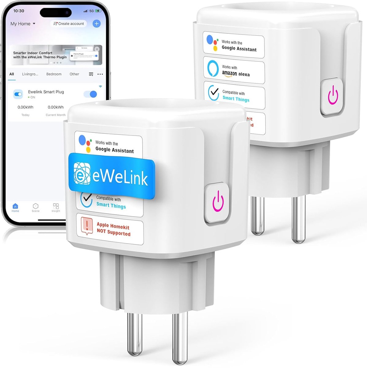 SnelShoppen - Slim Wifi-stopcontact 16A Smart Plug 2,4 GHz met Stroomverbruik Meting, Spraakbesturing met Alexa Google Home Smartthings, 3680W, 2 Stuk