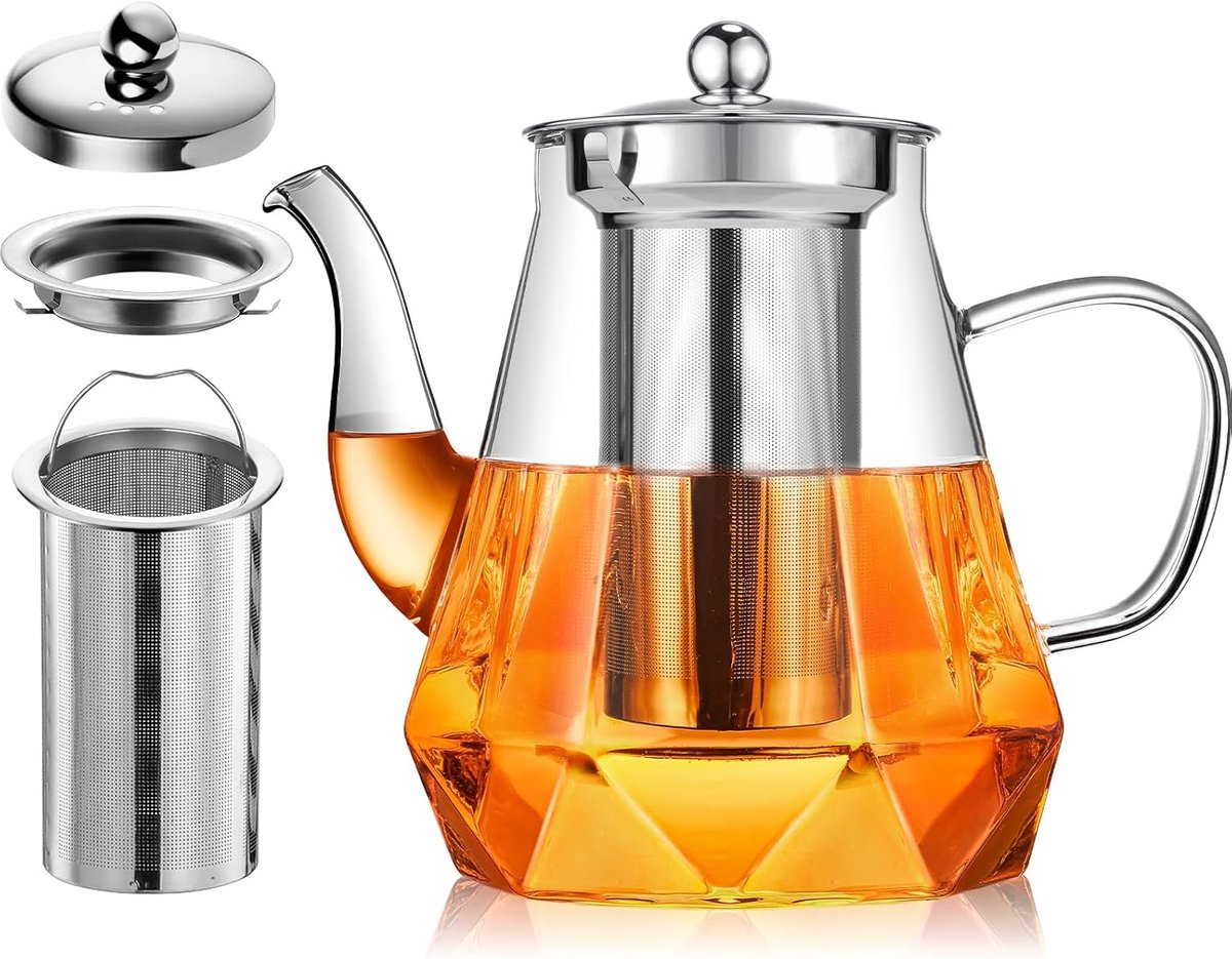 SnelShoppen - Glass teapot with infuser 1200ml, helder glazen theepot met roestvrijstalen filter, ideaal voor 4-6 kopjes, perfect voor feesten, picnic