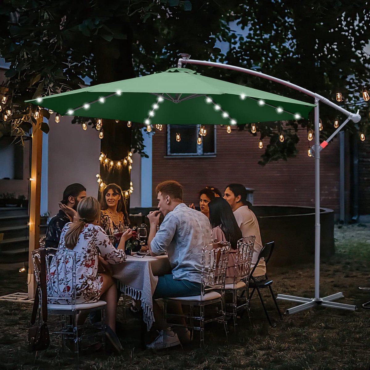 Zwevende parasol - Tuinparasol met led - Zonwering buiten - Zonne-energie verlichting - Diameter 350cm - Groen – foto 4