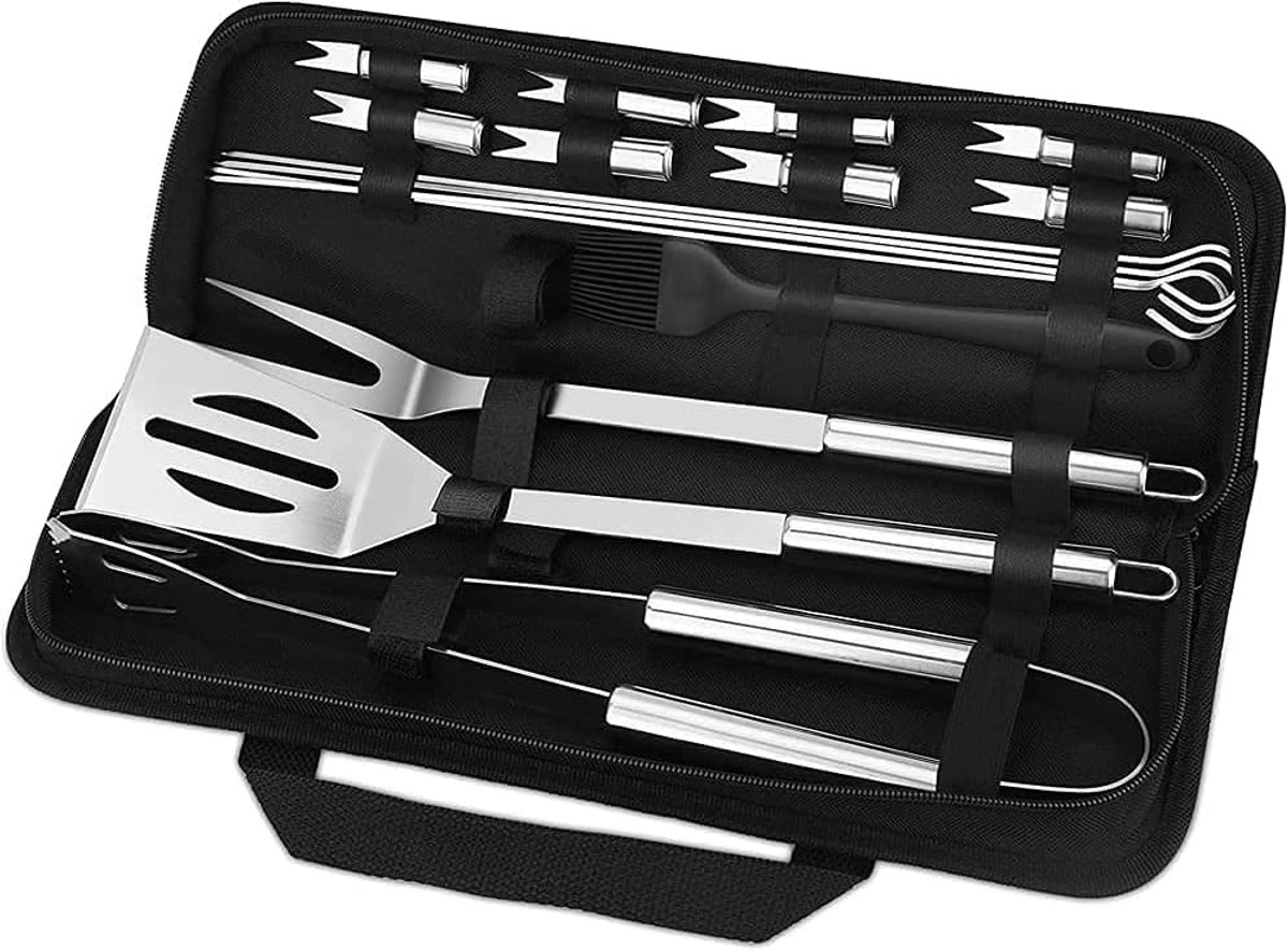SnelShoppen - Grill Tool Set 16-delig RVS BBQ Gereedschap met Opbergtas, Spatel, Vork, Tang, Spiesen en Basten Borstel voor Buiten, Camping, Tuinfeest