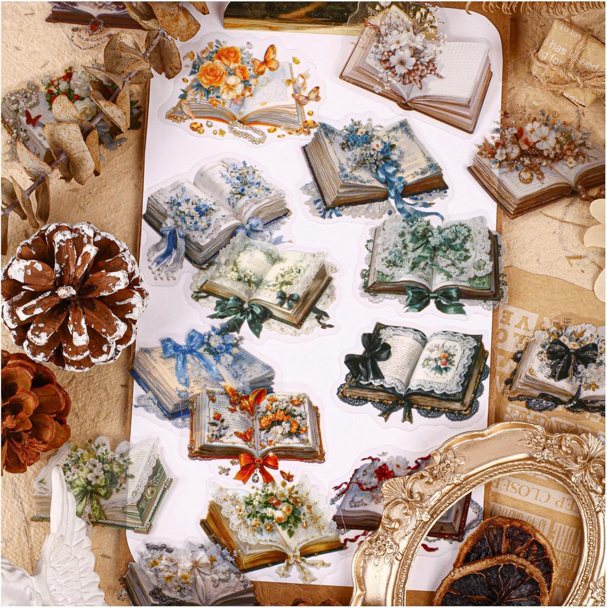 SnelShoppen - Vintage Sticker Set voor Scrapbooken - 120 Stuks Aantrekkelijke Boek en Bloem Stickers voor Bullet Journal, Junk Journal, Foto Album en