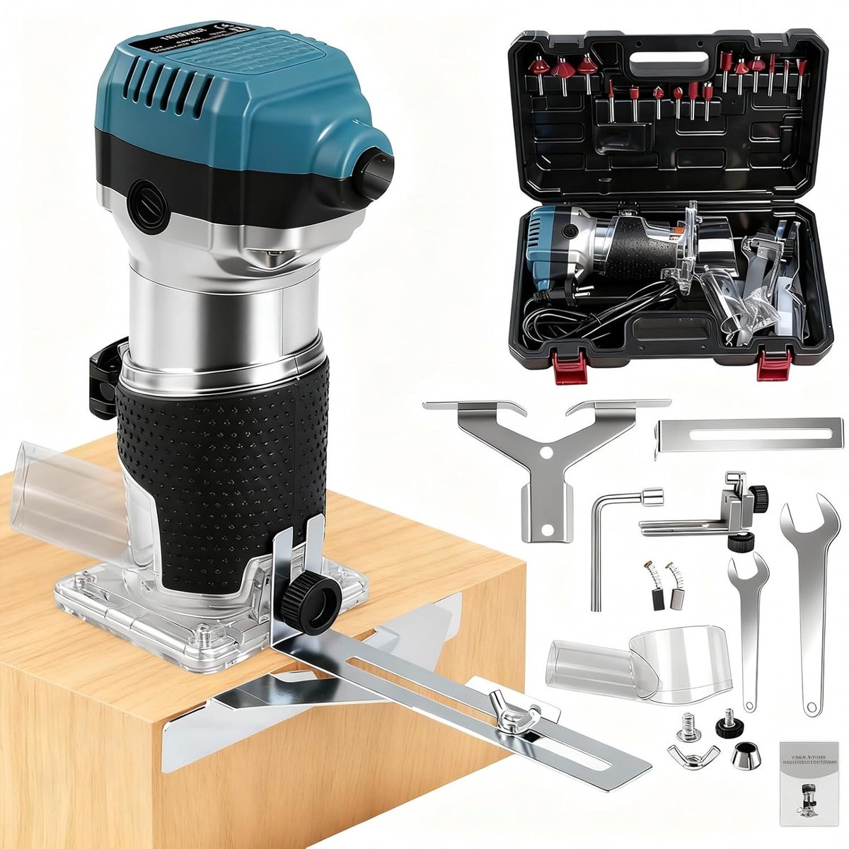 SnelShoppen - Router Trimmer 1000W, Single Hand Milling Cutter, Edge Milling Cutter Set 15 Stuks 6,35 mm + 1 Stuk 8 mm, 30000 RPM, Multi-Purpose voor
