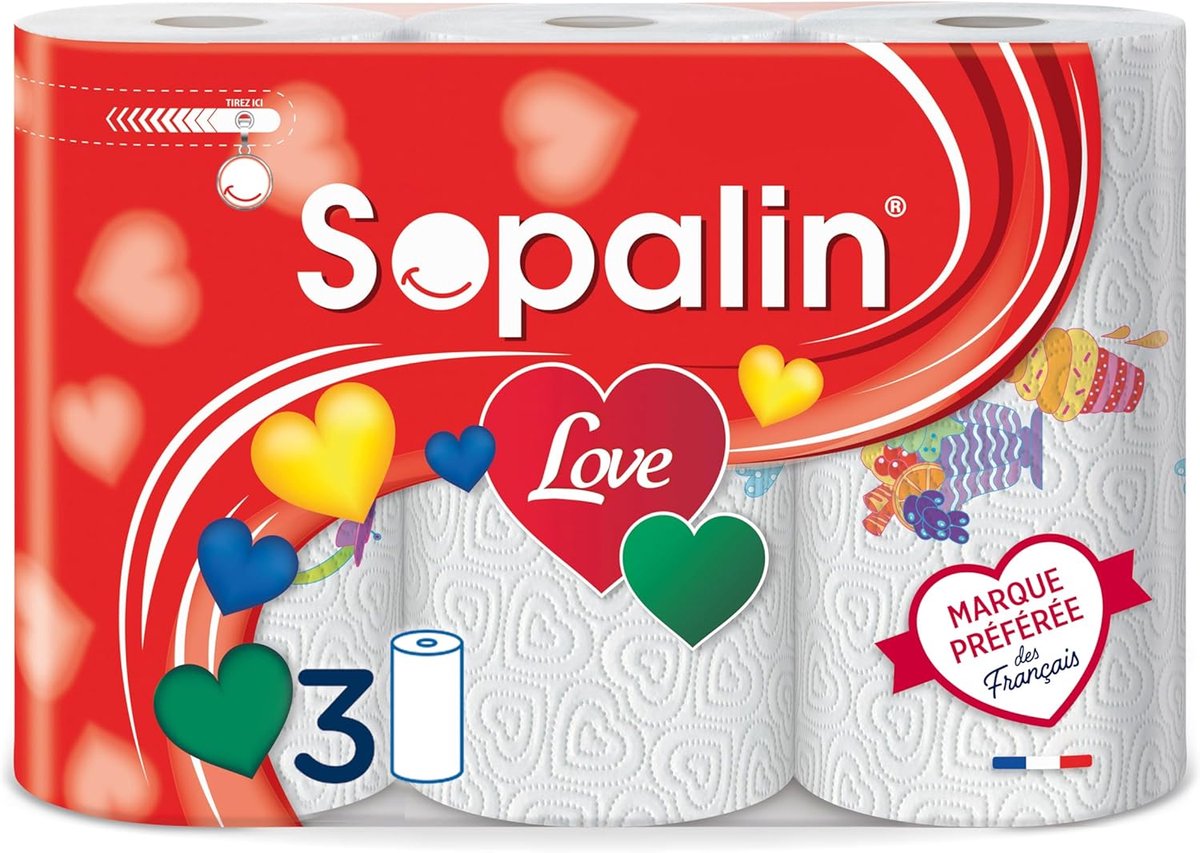 SnelShoppen - Sopalin Love Keukenrol - 3 Rollen - 3 Laags - Duurzaam en Absorberend - Originele Decoraties - FSC Gecertificeerd - 80% Gerecycled Plast