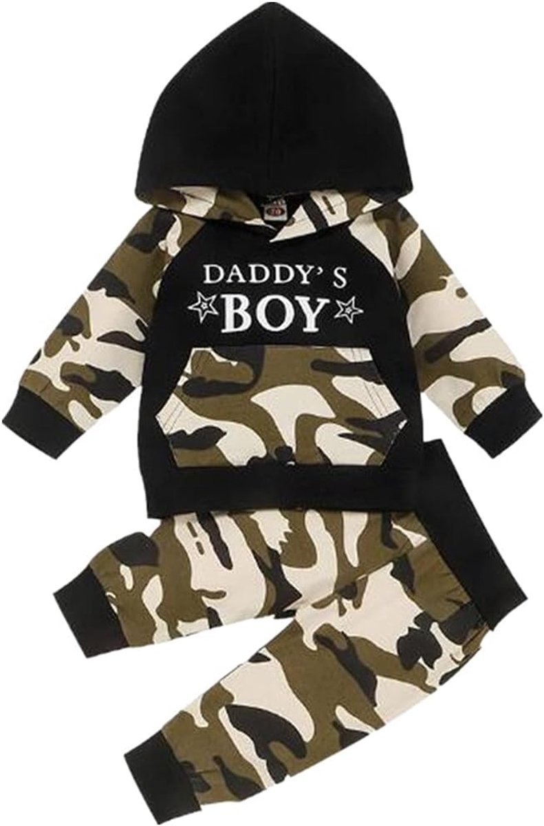 SnelShoppen - Baby Jongens Camouflage Set met Lange Mouwen, Hoodie Top met Zakken en Lange Broek, Ademend Katoenmix, Casual Kinderkleding voor Dagelij