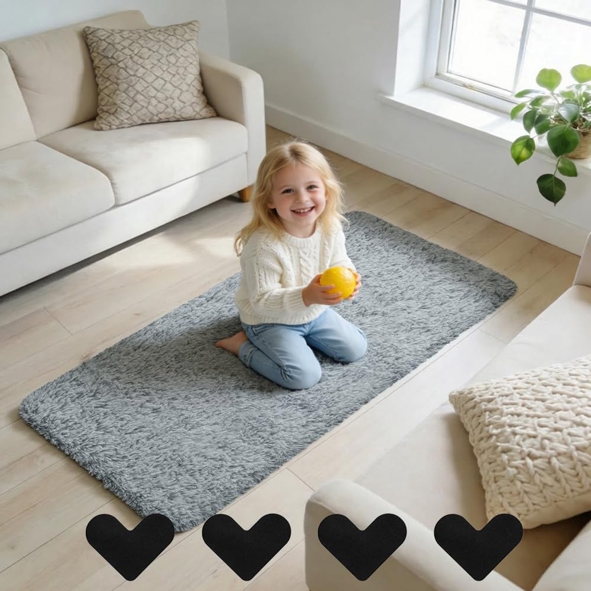 SnelShoppen - Pluche Shaggy Vloerkleed 60x120 cm Antislip Grijs, Wasbaar en Zacht voor Woonkamer, Slaapkamer, Hal en Kinderkamer met Bevestigingsstick