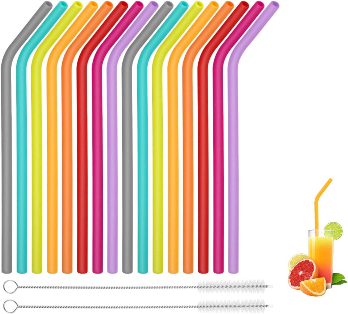 SnelShoppen - 16x Herbruikbare Siliconen Drinkrietjes 25 cm - Kleurrijke Opvouwbare Rietjes voor Reizen, Feesten en Thuis - BPA-vrij met 2 Reinigingsb