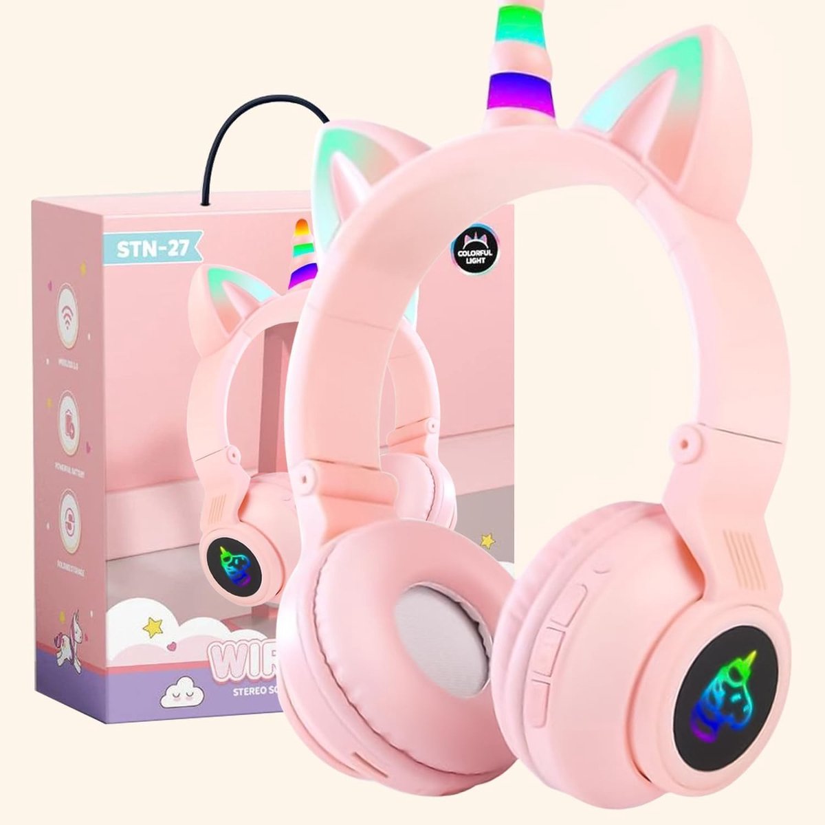 SnelShoppen - Kattenoor Hoofdtelefoon Kinderen Draadloze Bluetooth Over-Ear Stereo met LED Licht voor Feest, School, Reis - Roze