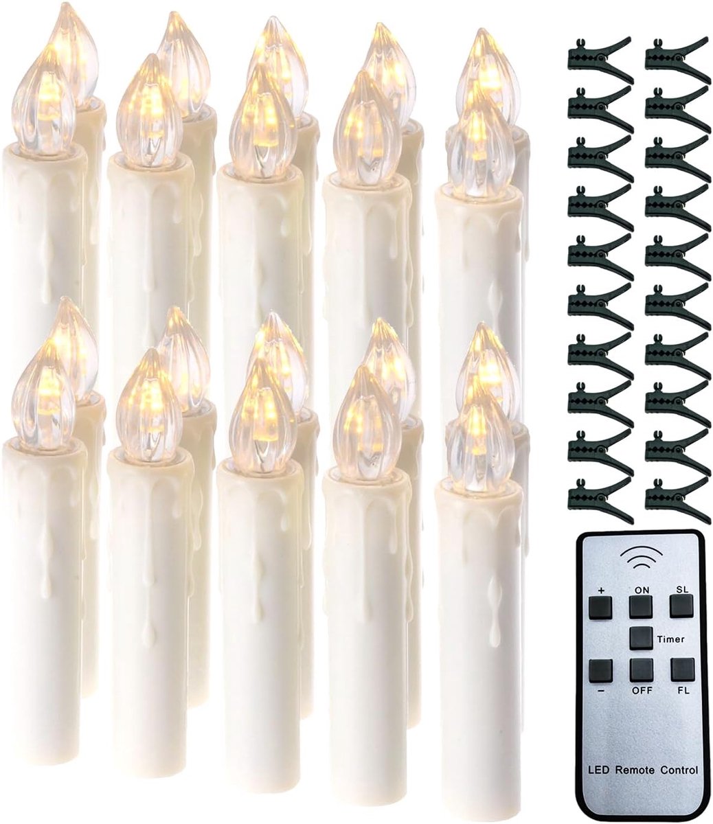 Set van 20 Dimbare LED Kaarsen met Afstandsbediening - Warm Wit Flikkerend Licht, IP64 Waterdicht, Timer & Clip