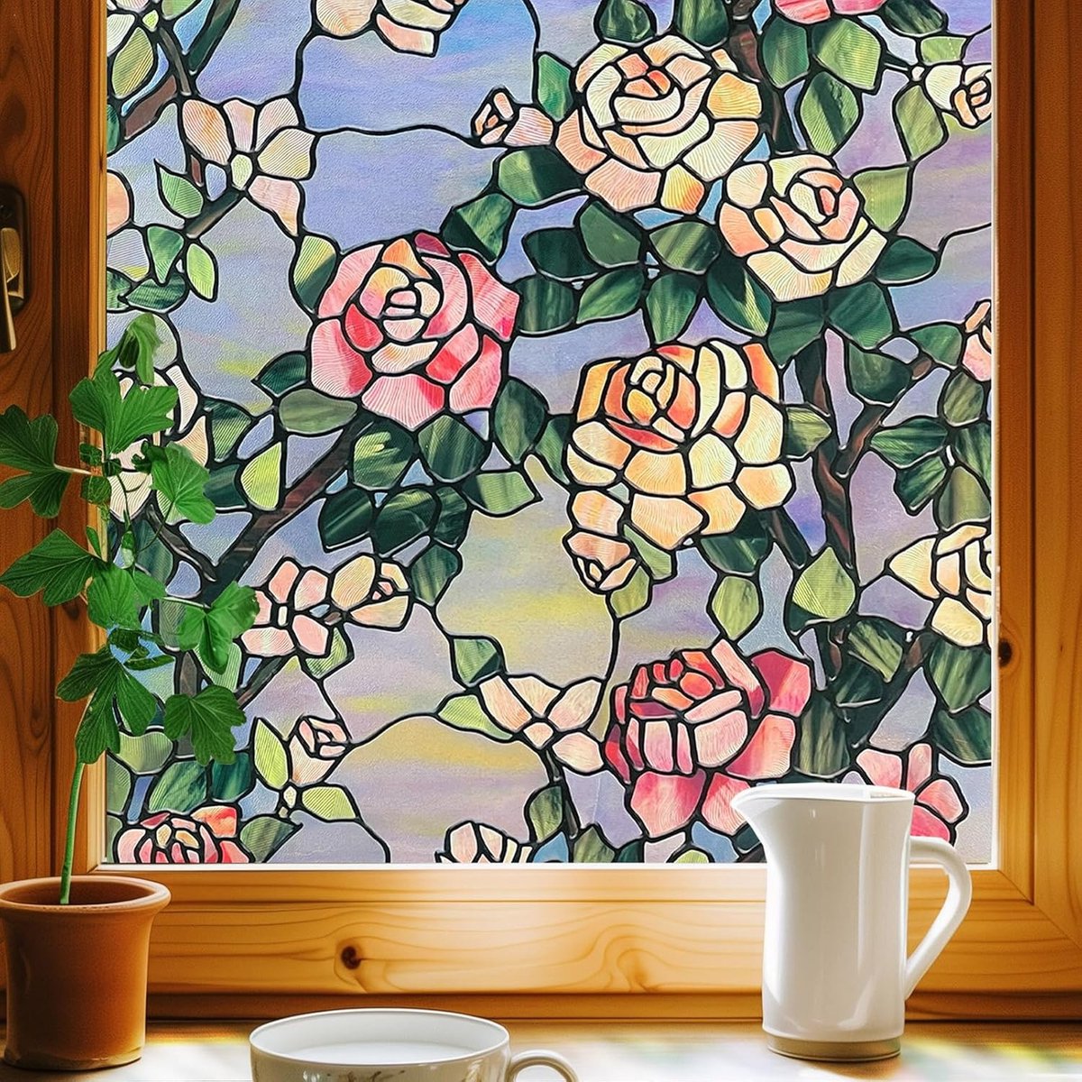 SnelShoppen - Decoratiefolie Raamfolie 3D Kleurig Glas Raamfolie voor Voordeur, Huis, Zonwering, Hittecontrole - Statisch Plakken - Het Beest Roos 44x