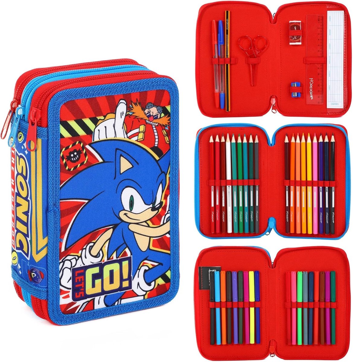 SnelShoppen - Sonic Gevuld Etui Schoolbenodigdheden Set voor Kinderen 3 Vak met Pennen, Potloden, Markers, Kleurpotloden, Viltstiften - Perfect voor S