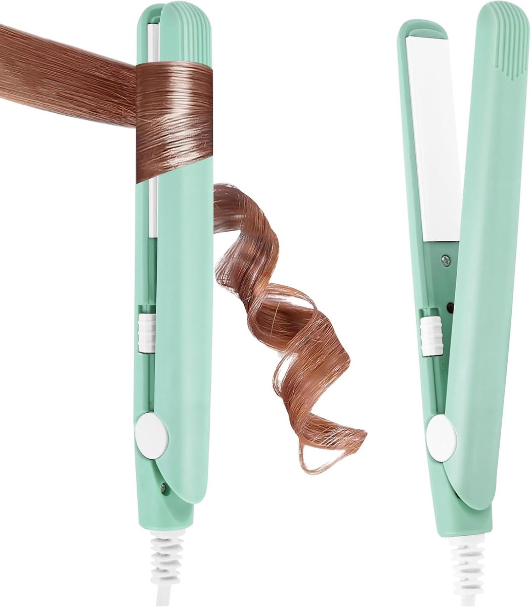 SnelShoppen - LOPHE Mini Stijltang 2-in-1 voor Krullen en Stijl, Draagbare Reiskrultang, Snel Verwarmen, Super Glad, Groen, Voor Alle Haartypes, Compa
