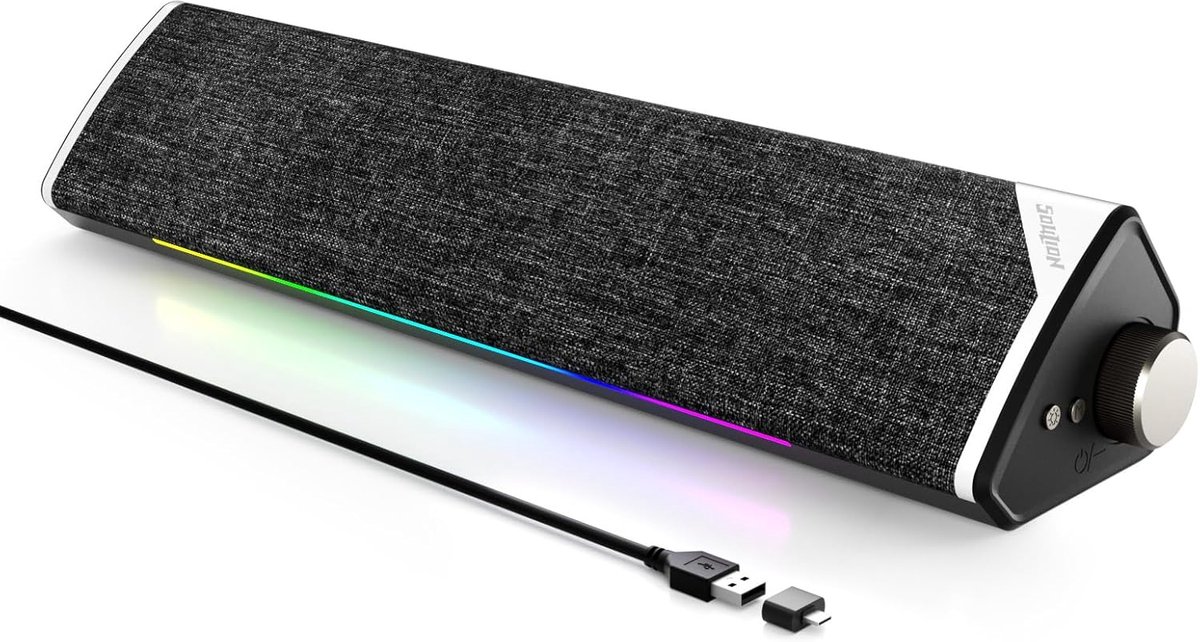 SnelShoppen - USB Bluetooth 5.3 Soundbar PC-luidspreker voor Computer, Laptop, Gamen, Monitor, AUX-modus, Stijlvol Stof Ontwerp, 5 Verlichtingsmodi